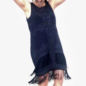 Anthropologie Staring at Stars Navy Embroidered Fringe Dress